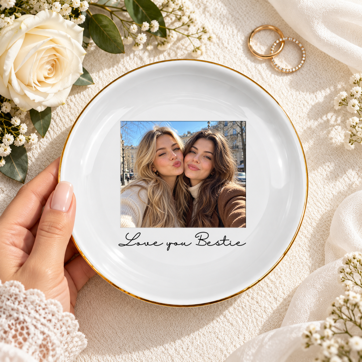 Personalised Photo Round Ceramic Ring Dish with Stand: Custom Jewelry Ring Dish, Wedding Gift, Bridesmaid Proposal, Trinket Tray for Best Friend/Bestie