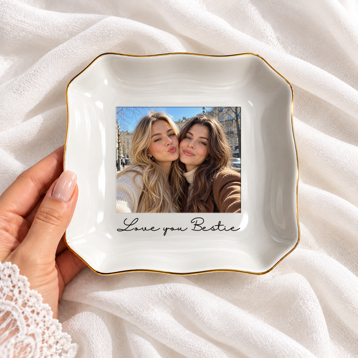 Personalised Photo Fan-shaped Ceramic Ring Dish with Stand: Custom Jewelry Ring Dish, Wedding Gift, Bridesmaid Proposal, Trinket Tray for Best Friend/Bestie