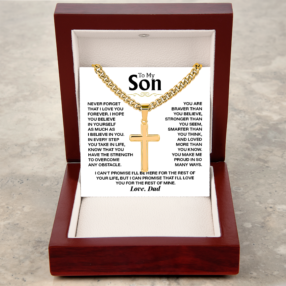 To My Son Cross Necklace from Dad - Personalized Artisan Cross on Cuban Link Chain - Birthday Graduation Christmas Gift