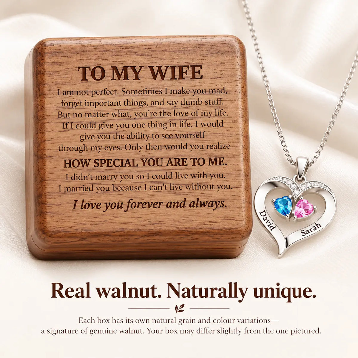 Forever Yours - Birthstone Heart Necklace & Engraved Walnut Box