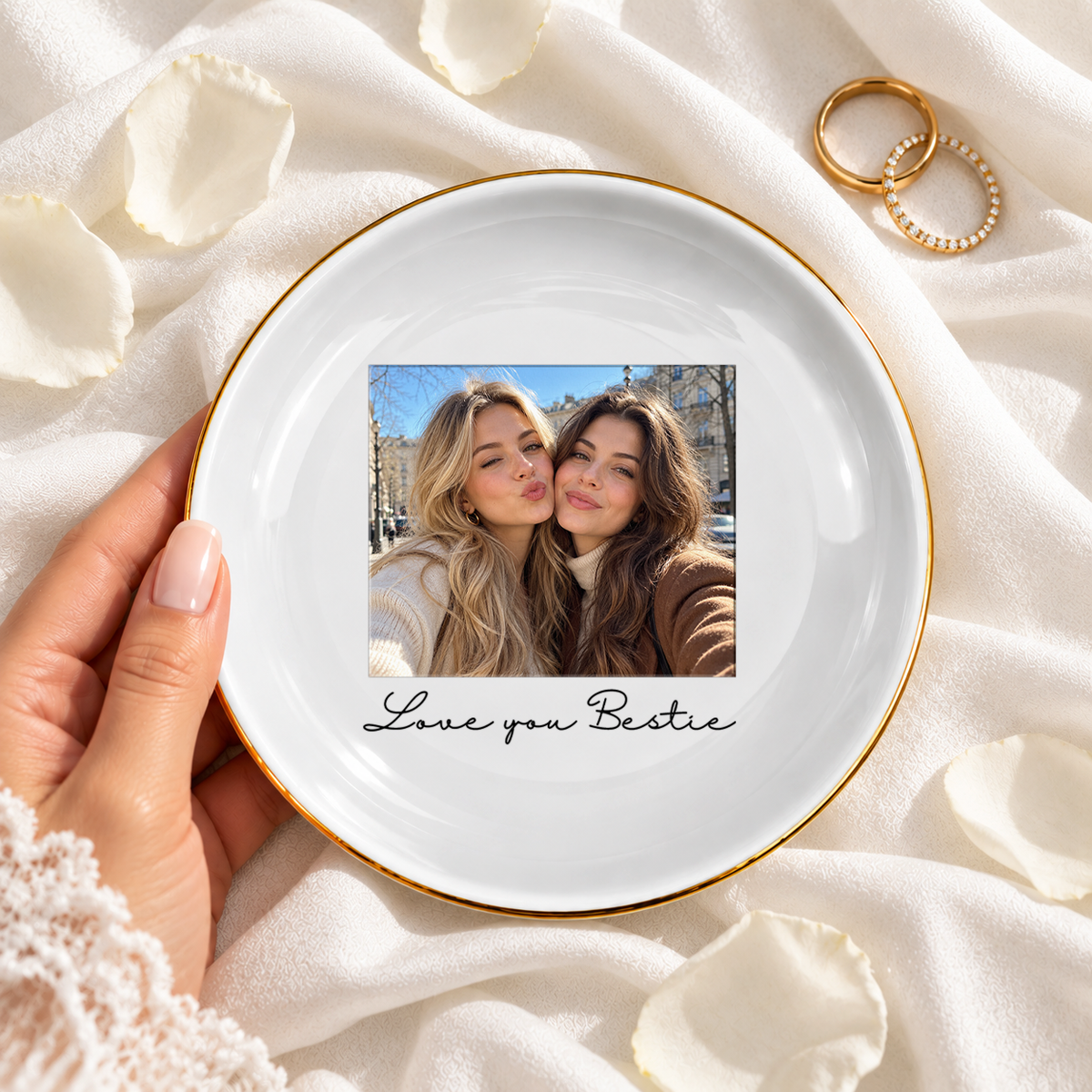 Personalised Photo Round Ceramic Ring Dish with Stand: Custom Jewelry Ring Dish, Wedding Gift, Bridesmaid Proposal, Trinket Tray for Best Friend/Bestie