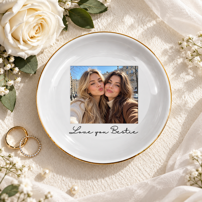 Personalised Photo Round Ceramic Ring Dish with Stand: Custom Jewelry Ring Dish, Wedding Gift, Bridesmaid Proposal, Trinket Tray for Best Friend/Bestie