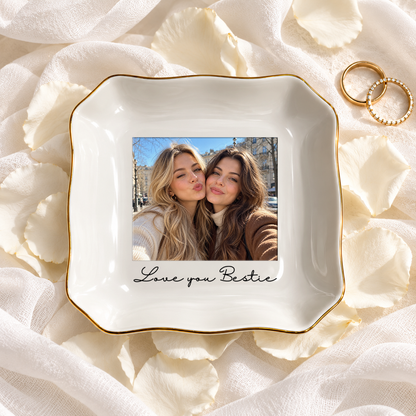 Personalised Photo Fan-shaped Ceramic Ring Dish with Stand: Custom Jewelry Ring Dish, Wedding Gift, Bridesmaid Proposal, Trinket Tray for Best Friend/Bestie