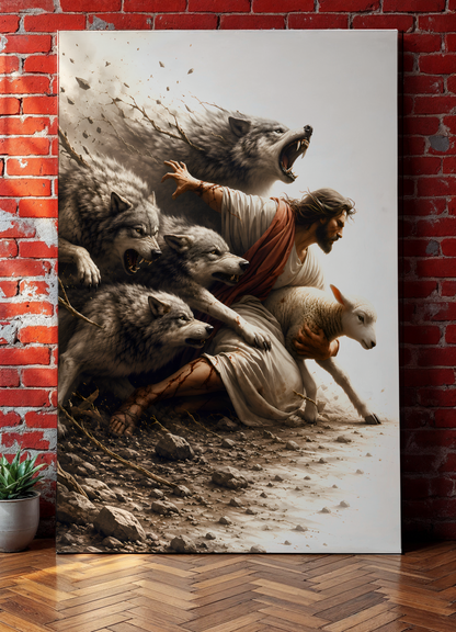 Jesus Protecting His Lamb from Wolves – Canvas Wall Art
