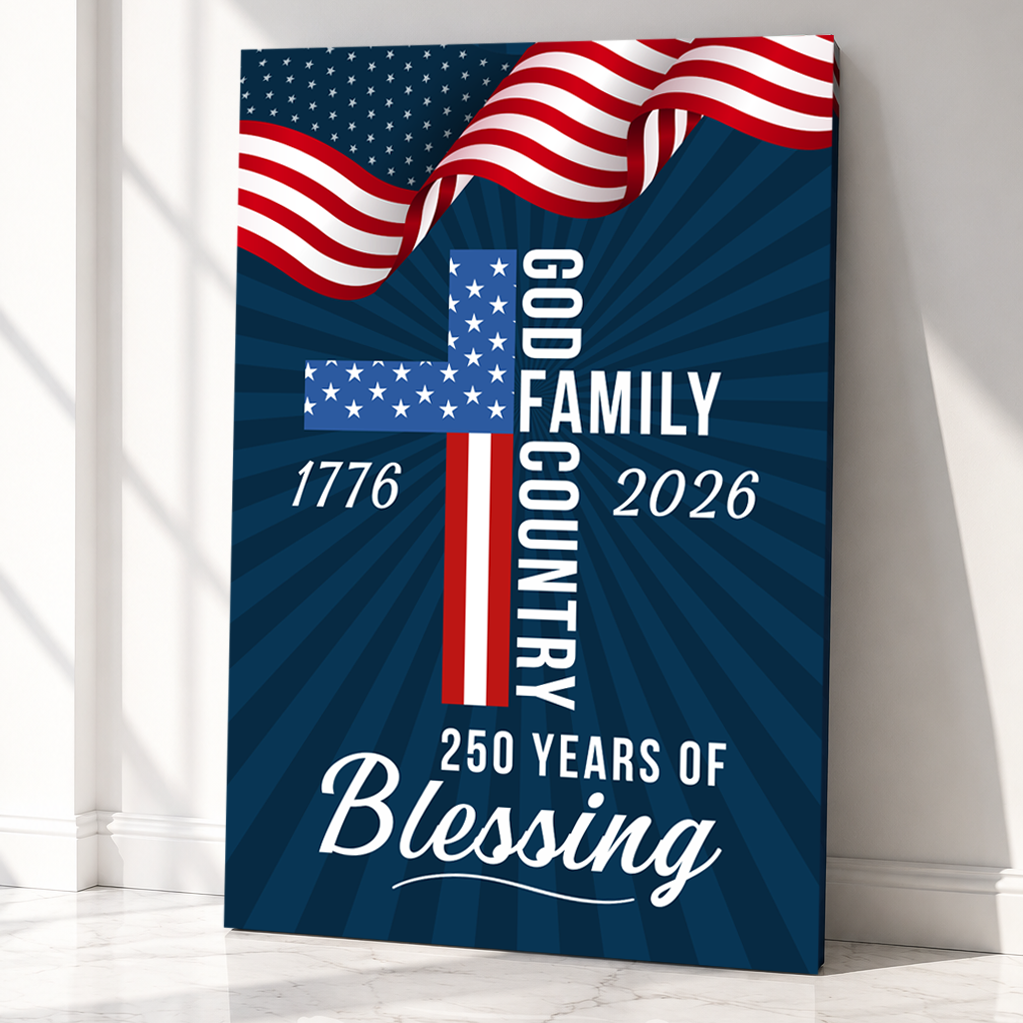 God, Family & Country 250th Anniversary Patriotic Cross Canvas