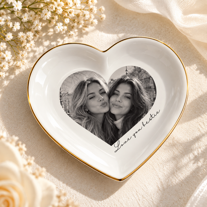 Personalised Photo Heart Ceramic Ring Dish with Stand: Custom Jewelry Ring Dish, Wedding Gift, Bridesmaid Proposal, Trinket Tray for Best Friend/Bestie