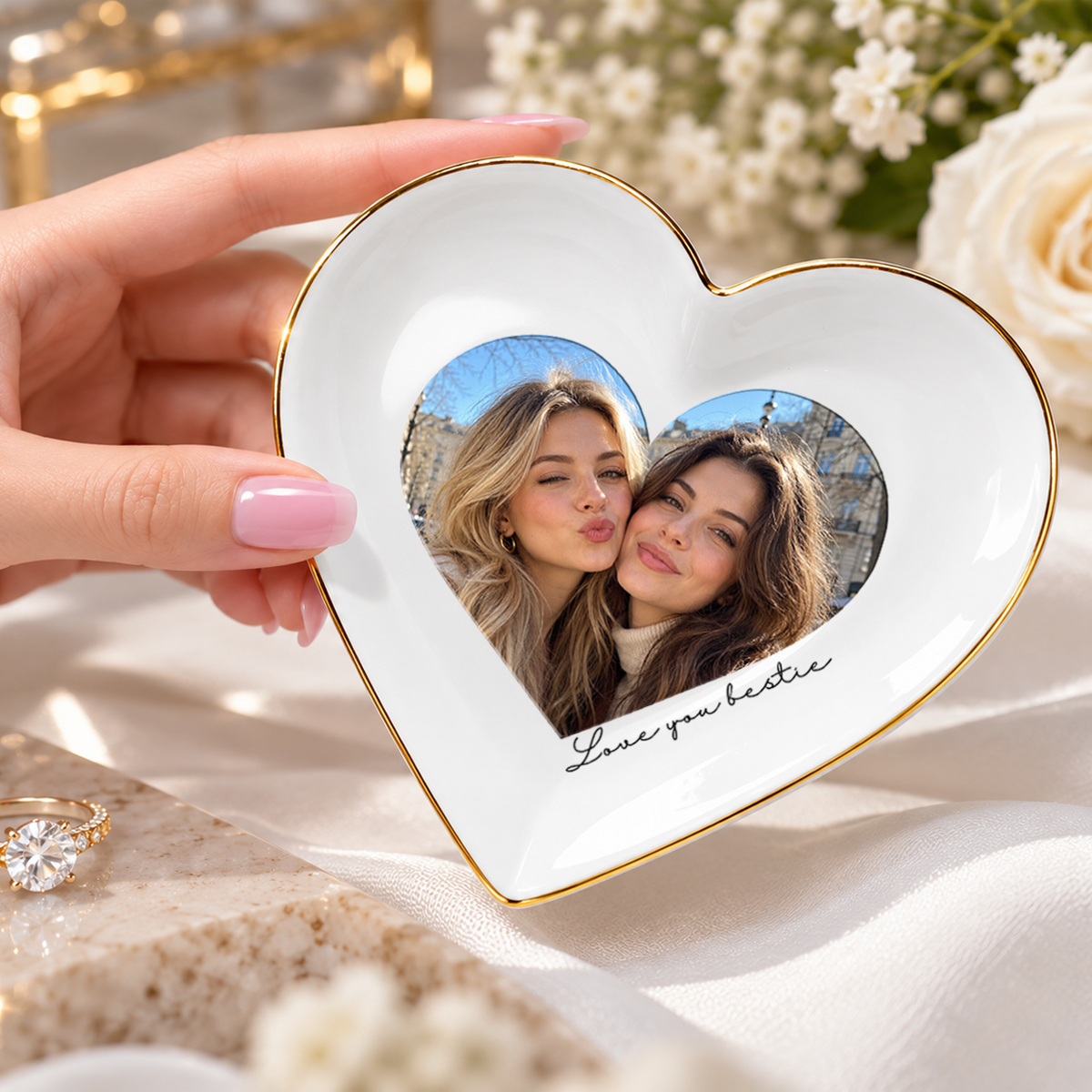Personalised Photo Heart Ceramic Ring Dish with Stand: Custom Jewelry Ring Dish, Wedding Gift, Bridesmaid Proposal, Trinket Tray for Best Friend/Bestie