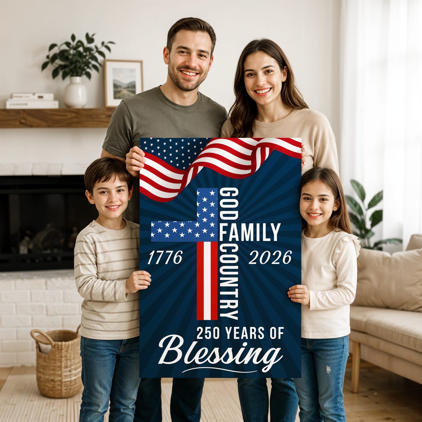God, Family & Country 250th Anniversary Patriotic Cross Canvas