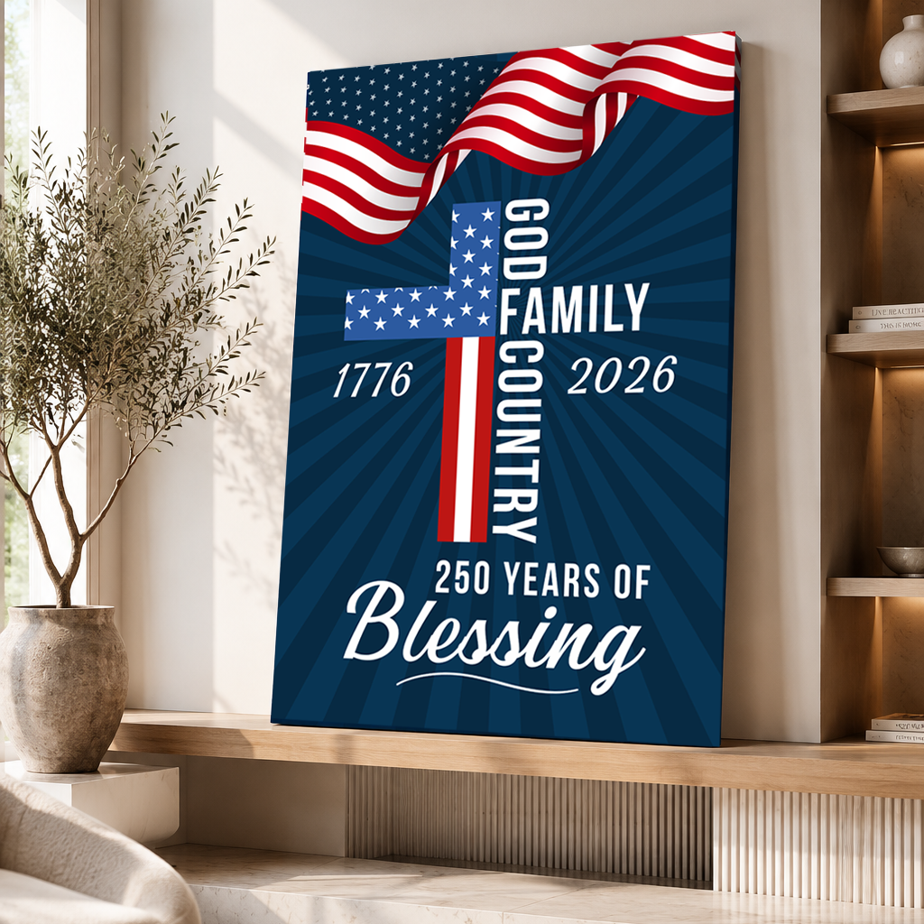 God, Family & Country 250th Anniversary Patriotic Cross Canvas