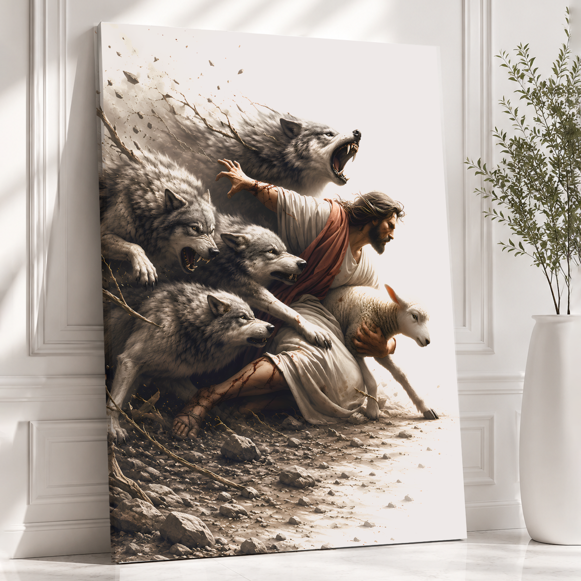 Jesus Protecting His Lamb from Wolves – Canvas Wall Art