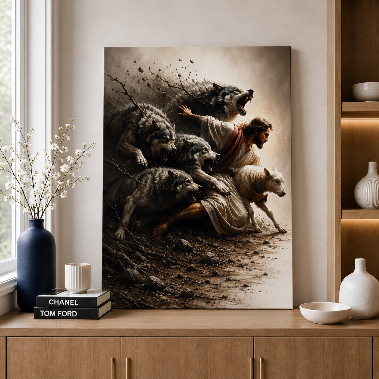 Jesus Protecting His Lamb from Wolves – Canvas Wall Art