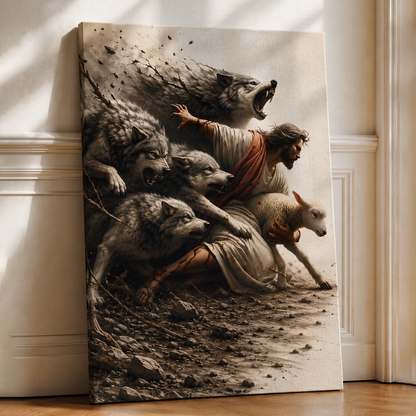 Jesus Protecting His Lamb from Wolves – Canvas Wall Art