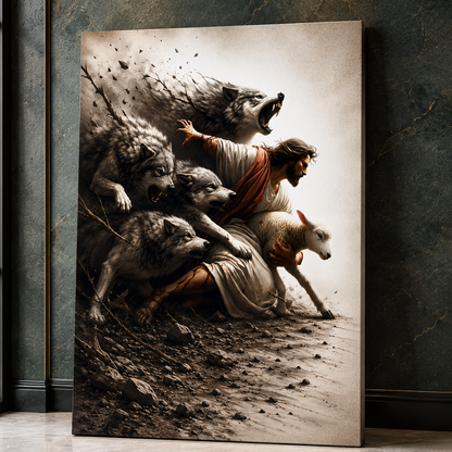 Jesus Protecting His Lamb from Wolves – Canvas Wall Art
