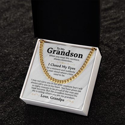 To My Grandson Cuban Link Chain Necklace from Grandpa - Proud Of You - Stainless Steel Pendant Birthday Christmas Graduation Gift