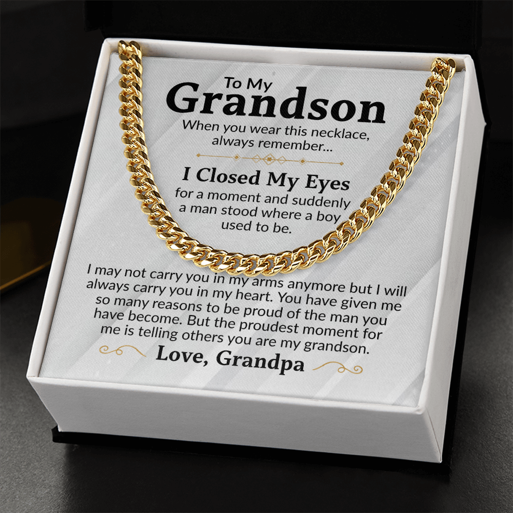 To My Grandson Cuban Link Chain Necklace from Grandpa - Proud Of You - Stainless Steel Pendant Birthday Christmas Graduation Gift
