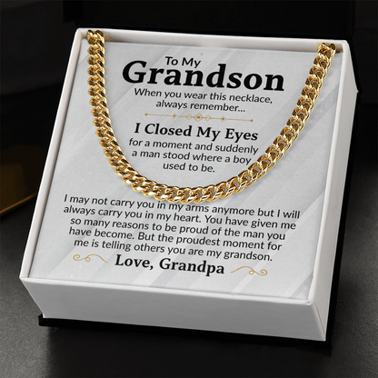 To My Grandson Cuban Link Chain Necklace from Grandpa - Proud Of You - Stainless Steel Pendant Birthday Christmas Graduation Gift