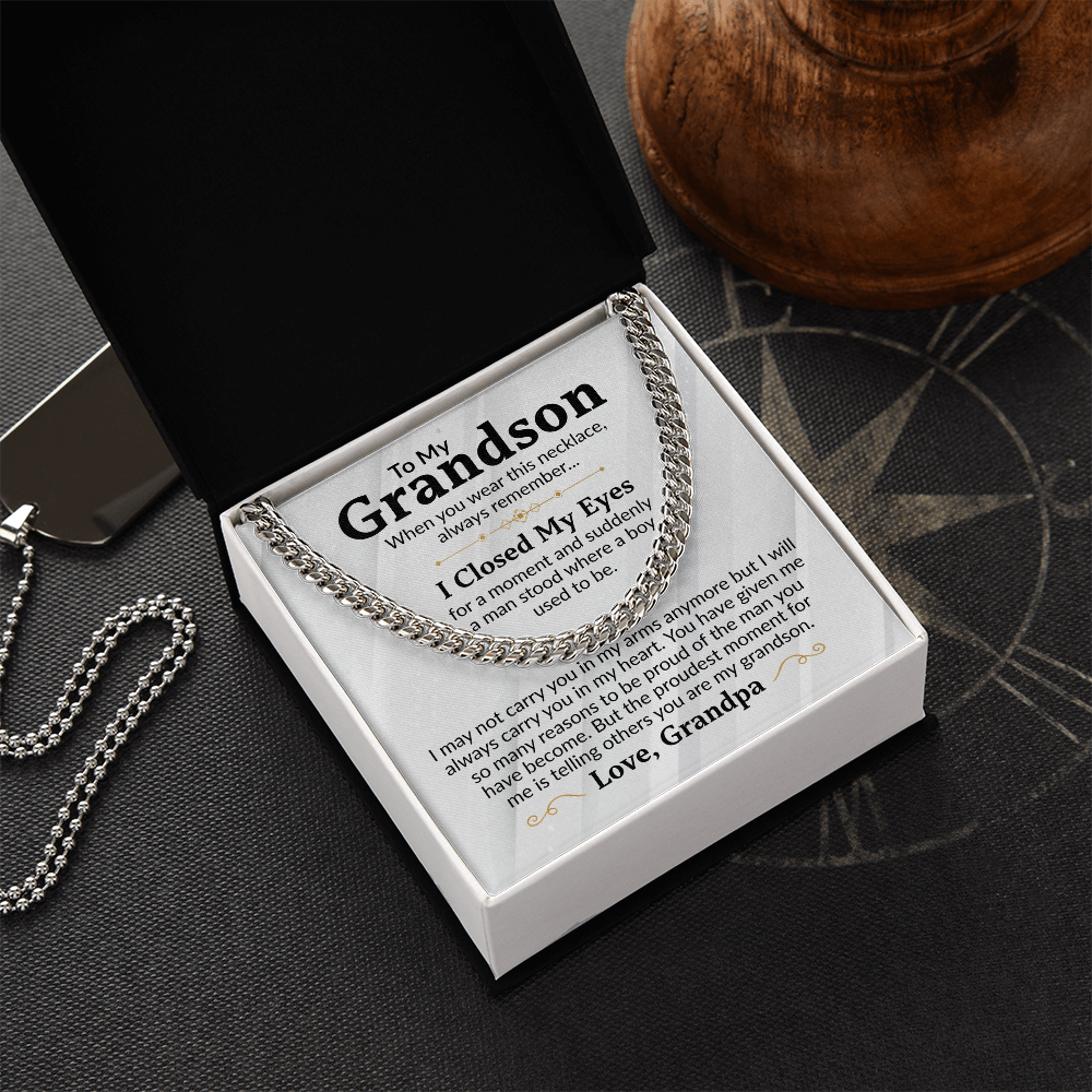 To My Grandson Cuban Link Chain Necklace from Grandpa - Proud Of You - Stainless Steel Pendant Birthday Christmas Graduation Gift