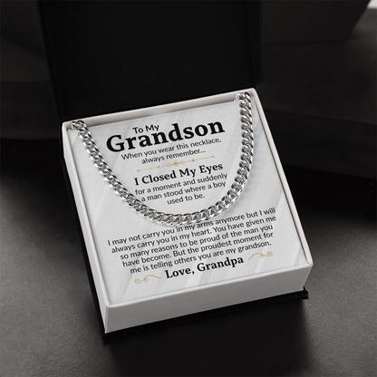 To My Grandson Cuban Link Chain Necklace from Grandpa - Proud Of You - Stainless Steel Pendant Birthday Christmas Graduation Gift