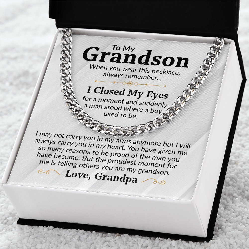 To My Grandson Cuban Link Chain Necklace from Grandpa - Proud Of You - Stainless Steel Pendant Birthday Christmas Graduation Gift
