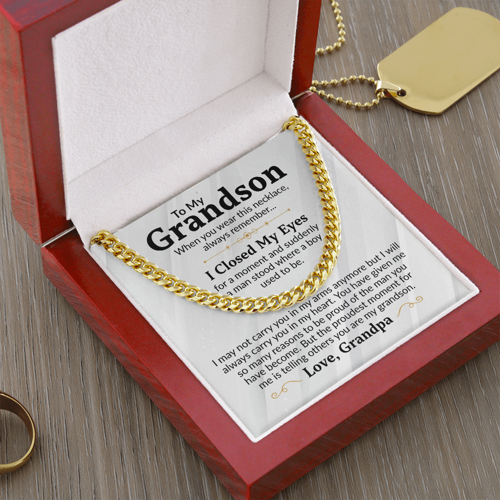 To My Grandson Cuban Link Chain Necklace from Grandpa - Proud Of You - Stainless Steel Pendant Birthday Christmas Graduation Gift