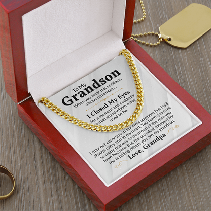 To My Grandson Cuban Link Chain Necklace from Grandpa - Proud Of You - Stainless Steel Pendant Birthday Christmas Graduation Gift