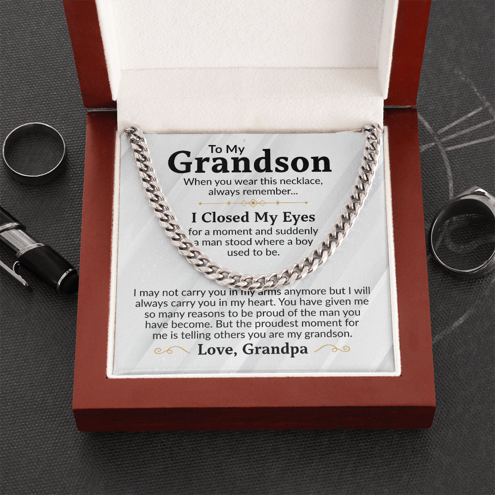 To My Grandson Cuban Link Chain Necklace from Grandpa - Proud Of You - Stainless Steel Pendant Birthday Christmas Graduation Gift