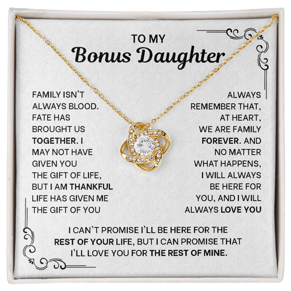 To My Bonus Daughter Necklace - Love Knot Pendant from Stepdad - 14K Gold Gift Set with Message Card - Birthday Christmas Graduation