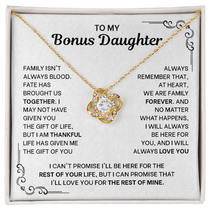 To My Bonus Daughter Necklace - Love Knot Pendant from Stepdad - 14K Gold Gift Set with Message Card - Birthday Christmas Graduation