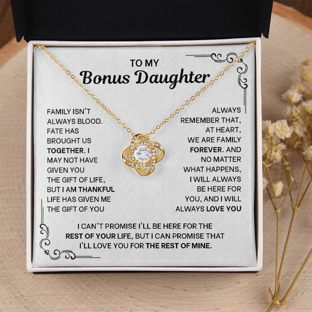 To My Bonus Daughter Necklace - Love Knot Pendant from Stepdad - 14K Gold Gift Set with Message Card - Birthday Christmas Graduation
