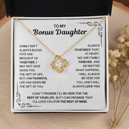 To My Bonus Daughter Necklace - Love Knot Pendant from Stepdad - 14K Gold Gift Set with Message Card - Birthday Christmas Graduation