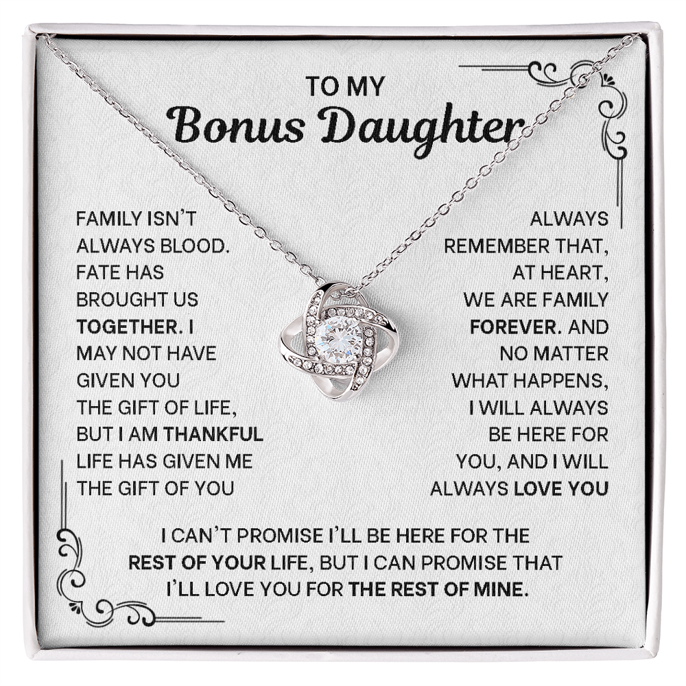 To My Bonus Daughter Necklace - Love Knot Pendant from Stepdad - 14K Gold Gift Set with Message Card - Birthday Christmas Graduation