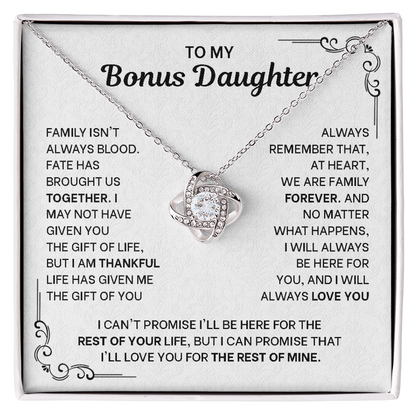 To My Bonus Daughter Necklace - Love Knot Pendant from Stepdad - 14K Gold Gift Set with Message Card - Birthday Christmas Graduation