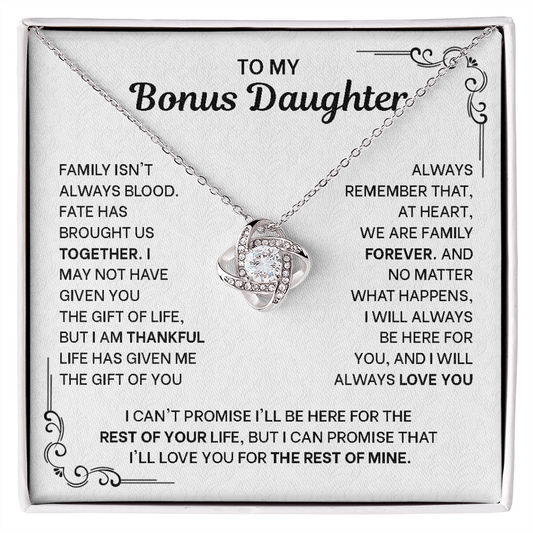 To My Bonus Daughter Necklace - Love Knot Pendant from Stepdad - 14K Gold Gift Set with Message Card - Birthday Christmas Graduation