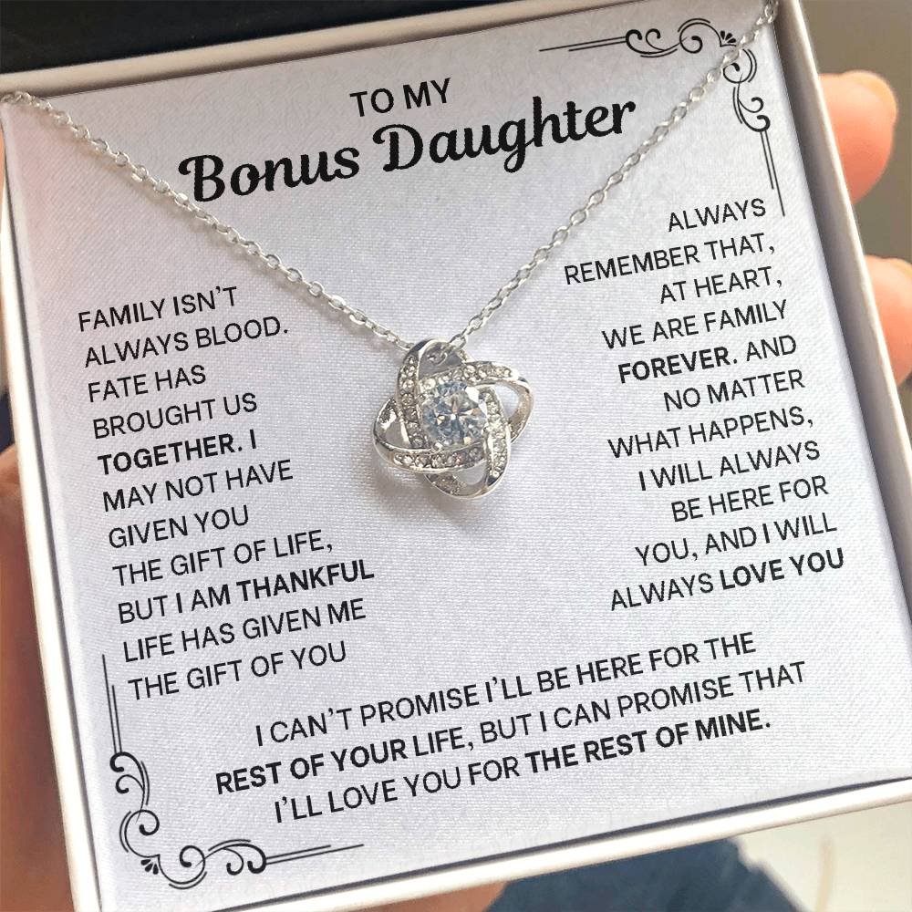 To My Bonus Daughter Necklace - Love Knot Pendant from Stepdad - 14K Gold Gift Set with Message Card - Birthday Christmas Graduation
