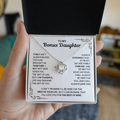 To My Bonus Daughter Necklace - Love Knot Pendant from Stepdad - 14K Gold Gift Set with Message Card - Birthday Christmas Graduation
