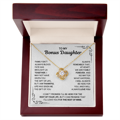 To My Bonus Daughter Necklace - Love Knot Pendant from Stepdad - 14K Gold Gift Set with Message Card - Birthday Christmas Graduation