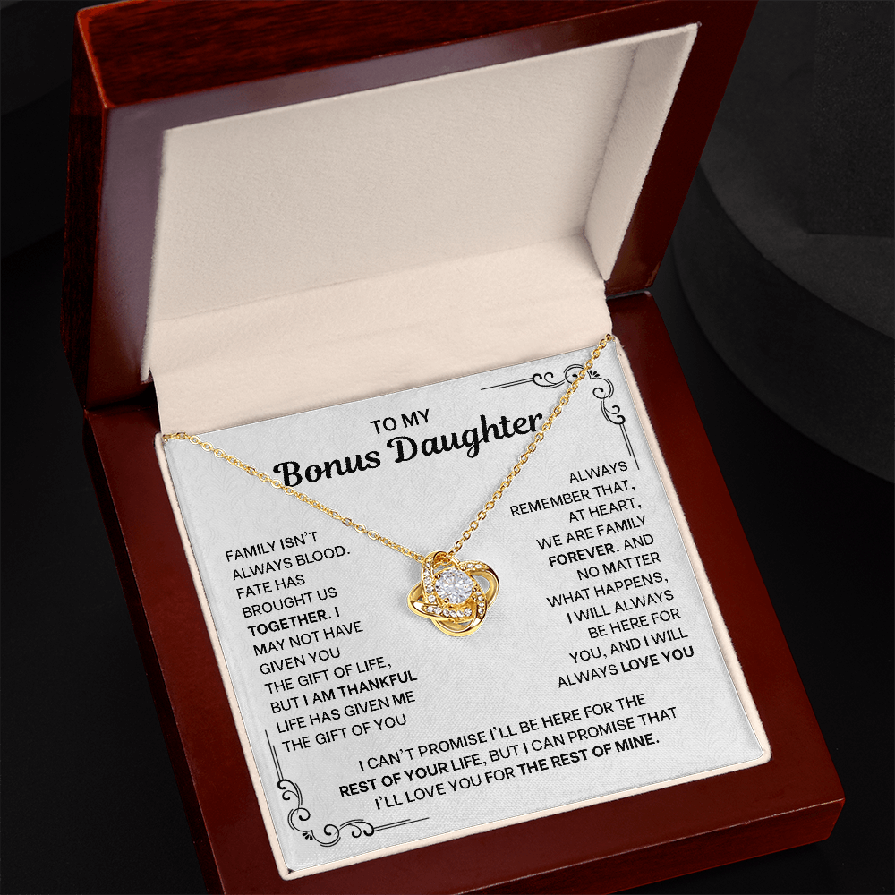 To My Bonus Daughter Necklace - Love Knot Pendant from Stepdad - 14K Gold Gift Set with Message Card - Birthday Christmas Graduation