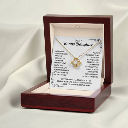 To My Bonus Daughter Necklace - Love Knot Pendant from Stepdad - 14K Gold Gift Set with Message Card - Birthday Christmas Graduation