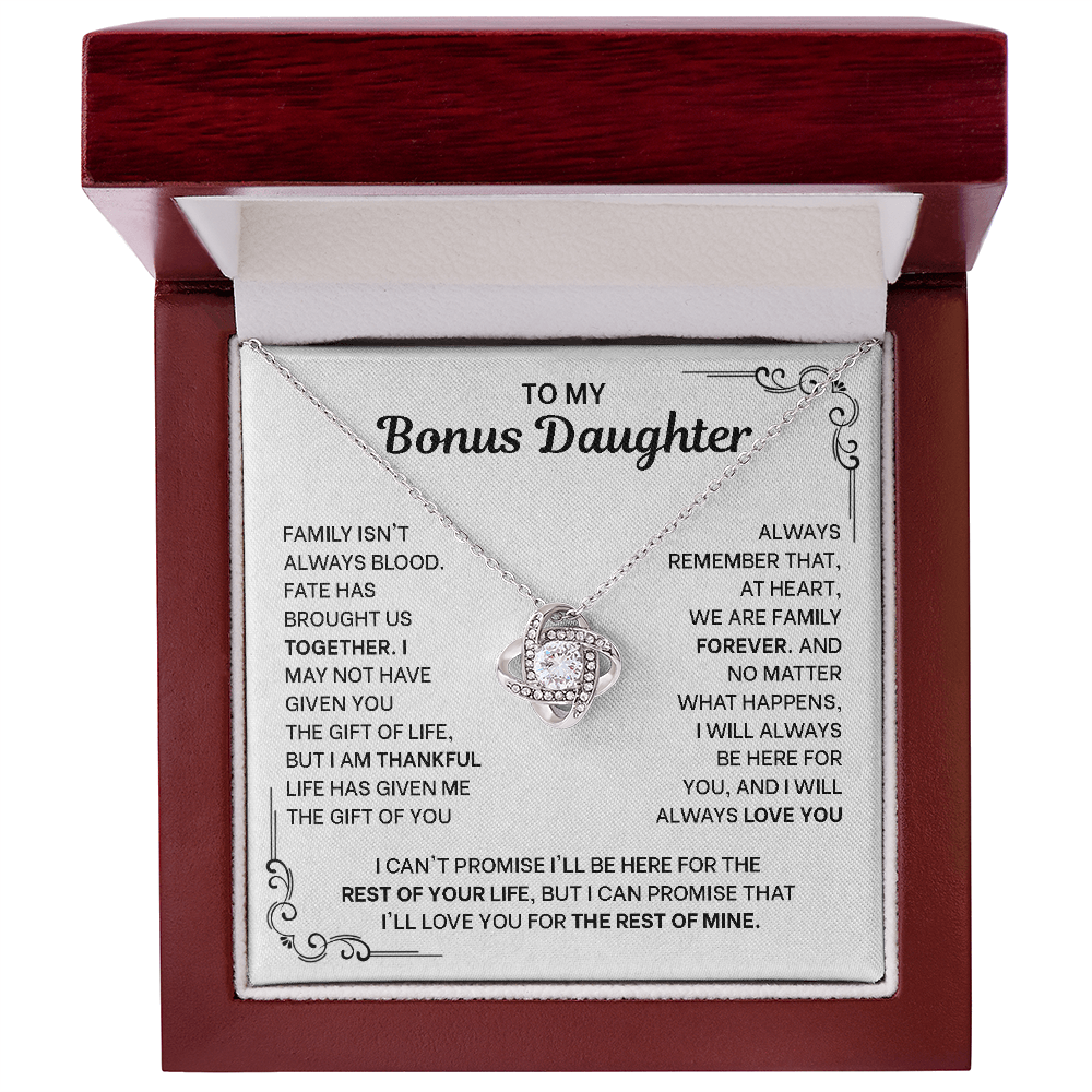 To My Bonus Daughter Necklace - Love Knot Pendant from Stepdad - 14K Gold Gift Set with Message Card - Birthday Christmas Graduation
