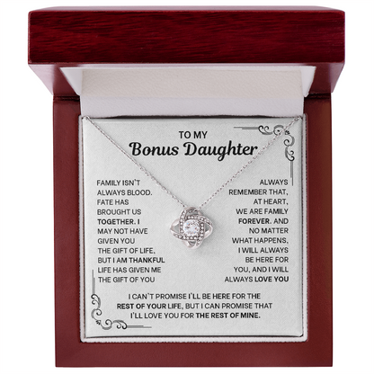 To My Bonus Daughter Necklace - Love Knot Pendant from Stepdad - 14K Gold Gift Set with Message Card - Birthday Christmas Graduation