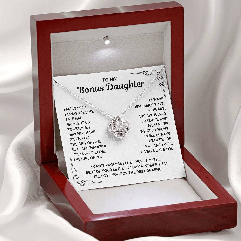 To My Bonus Daughter Necklace - Love Knot Pendant from Stepdad - 14K Gold Gift Set with Message Card - Birthday Christmas Graduation