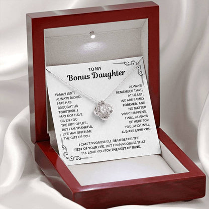 To My Bonus Daughter Necklace - Love Knot Pendant from Stepdad - 14K Gold Gift Set with Message Card - Birthday Christmas Graduation