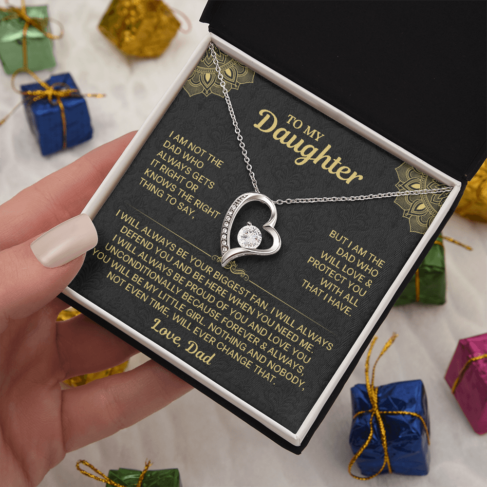 To My Daughter Necklace from Dad - Forever Love Heart Pendant with Message Card - 14K Gold Birthday Graduation Christmas Gift