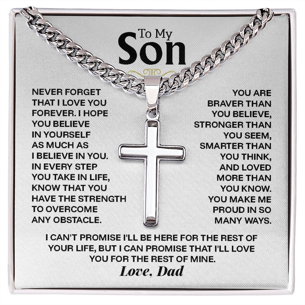 To My Son Cross Necklace from Dad - Personalized Artisan Cross on Cuban Link Chain - Birthday Graduation Christmas Gift