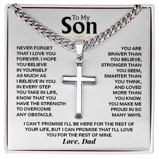 To My Son Cross Necklace from Dad - Personalized Artisan Cross on Cuban Link Chain - Birthday Graduation Christmas Gift