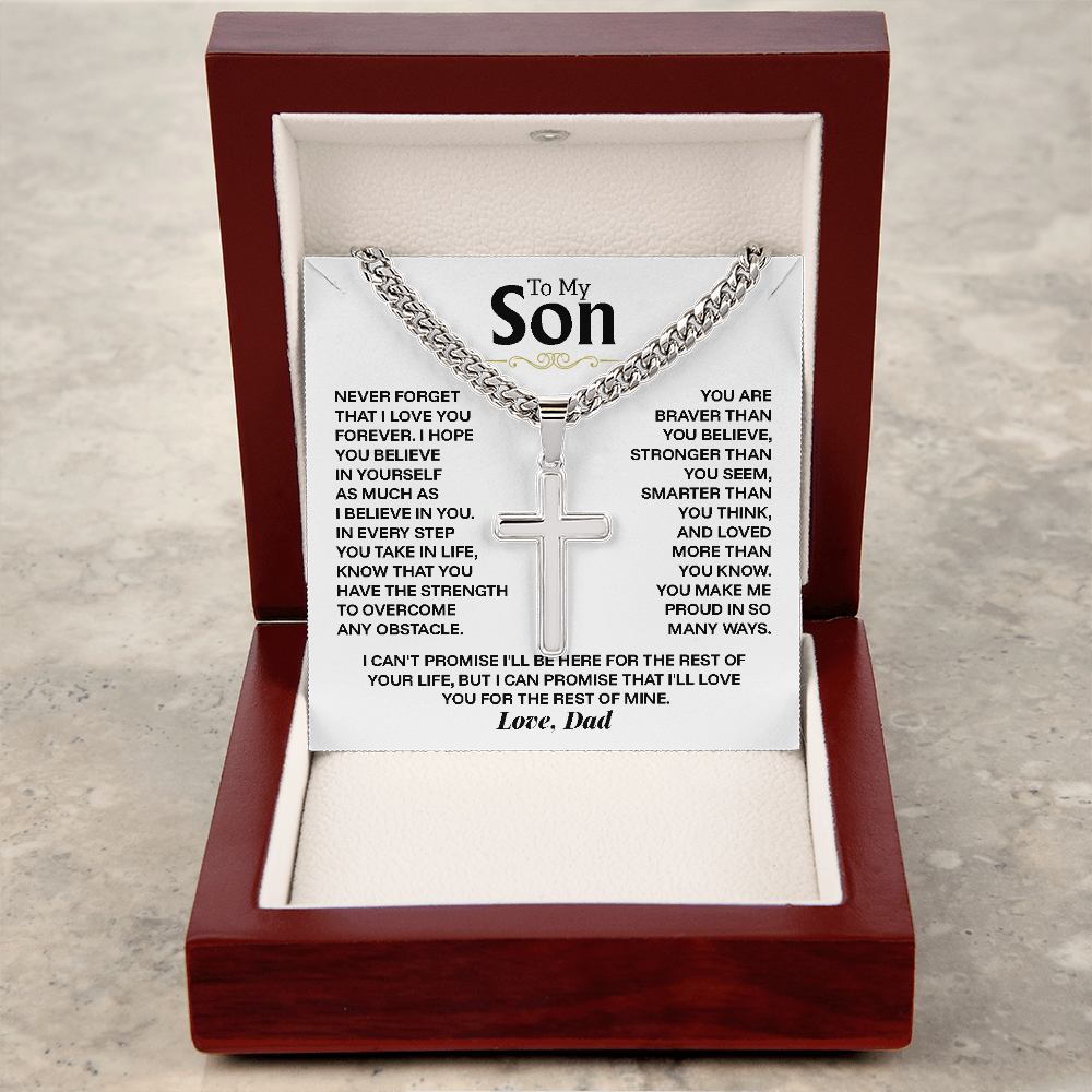 To My Son Cross Necklace from Dad - Personalized Artisan Cross on Cuban Link Chain - Birthday Graduation Christmas Gift