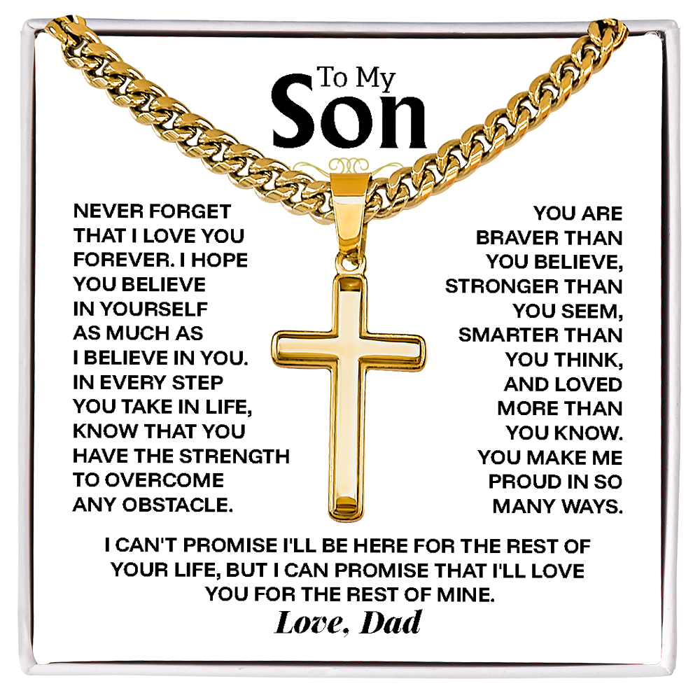 To My Son Cross Necklace from Dad - Personalized Artisan Cross on Cuban Link Chain - Birthday Graduation Christmas Gift