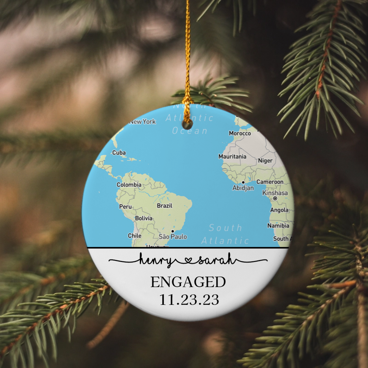 Engagement Ornament Gift, Map Ornament, Engagement Map, Personalized Engagement Gift for Couple