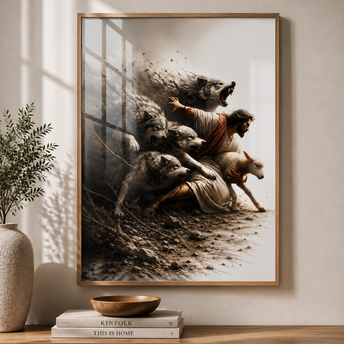 Jesus Protecting His Lamb from Wolves – Poster Wall Art