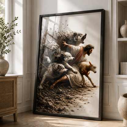 Jesus Protecting His Lamb from Wolves – Poster Wall Art